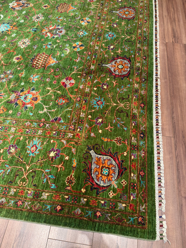 Sultani Binbirgece Orijinal El Dokuması Yeşil Kök Boya Yün Halı 269x366 9.85 Metrekare - 9x12 ft