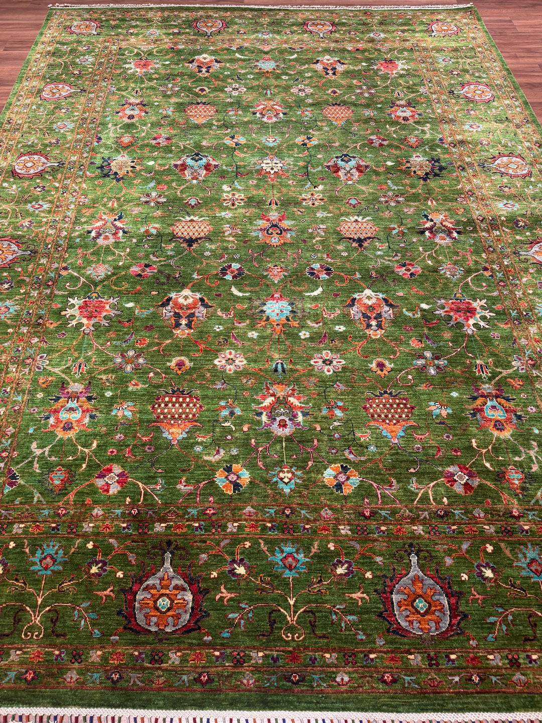 Sultani Binbirgece Orijinal El Dokuması Yeşil Kök Boya Yün Halı 269x366 9.85 Metrekare - 9x12 ft