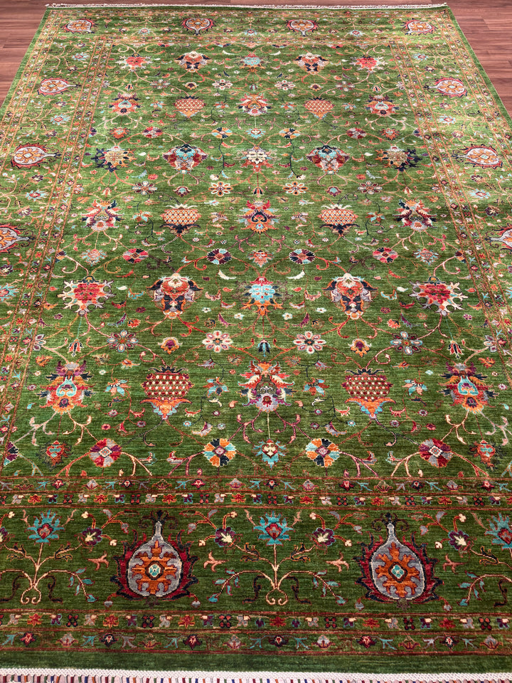 Sultani Binbirgece Orijinal El Dokuması Yeşil Kök Boya Yün Halı 269x366 9.85 Metrekare - 9x12 ft