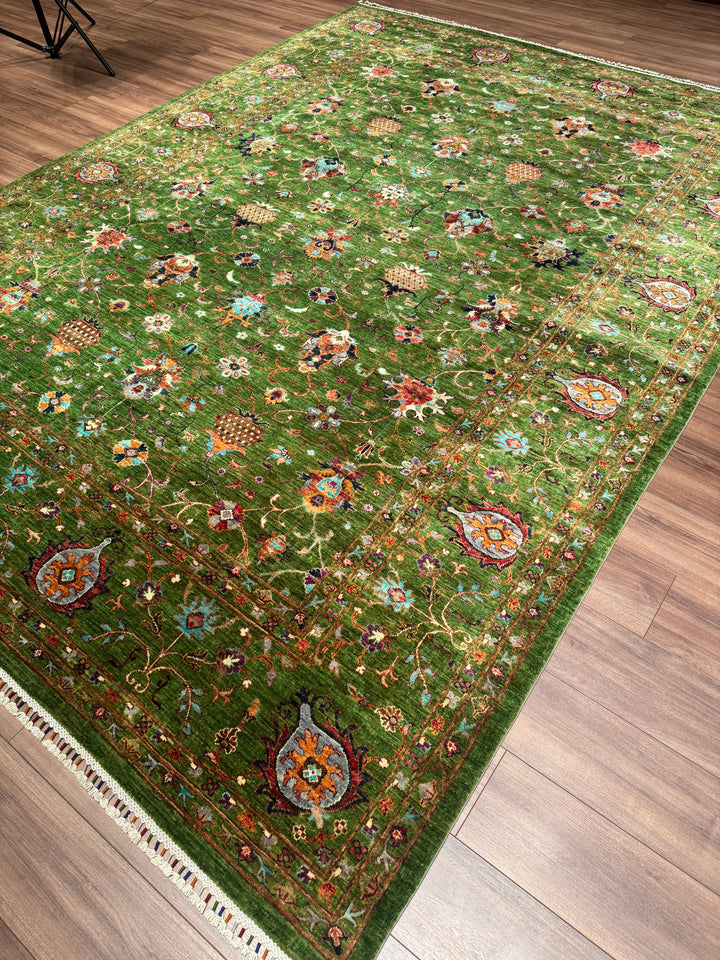 Sultani Binbirgece Orijinal El Dokuması Yeşil Kök Boya Yün Halı 269x366 9.85 Metrekare - 9x12 ft