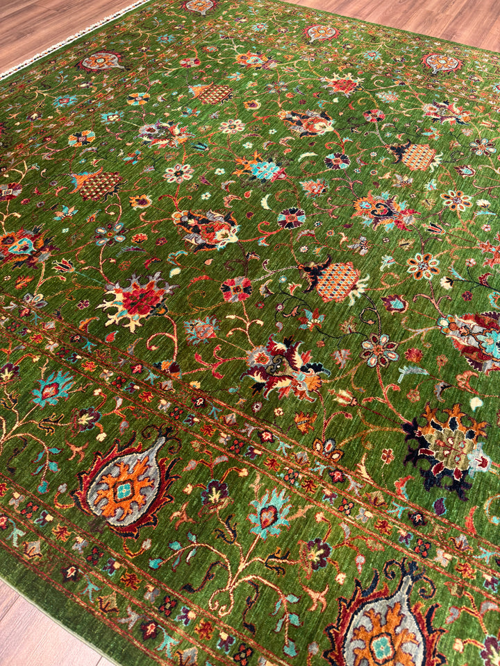 Sultani Binbirgece Orijinal El Dokuması Yeşil Kök Boya Yün Halı 269x366 9.85 Metrekare - 9x12 ft