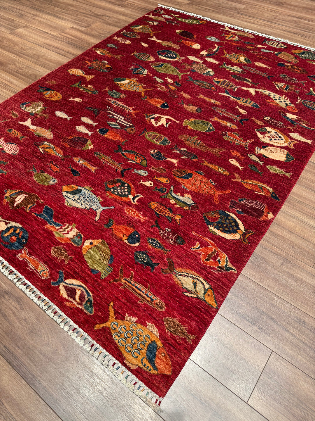 Fish Original Handwoven Red Root Dye Wool Rug 177x238 cm (4.21 square meters) - 6x8 ft 
