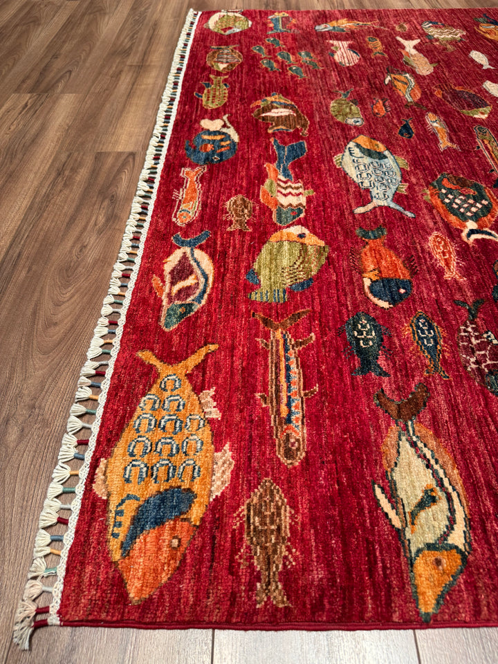 Fish Original Handwoven Red Root Dye Wool Rug 177x238 cm (4.21 square meters) - 6x8 ft 