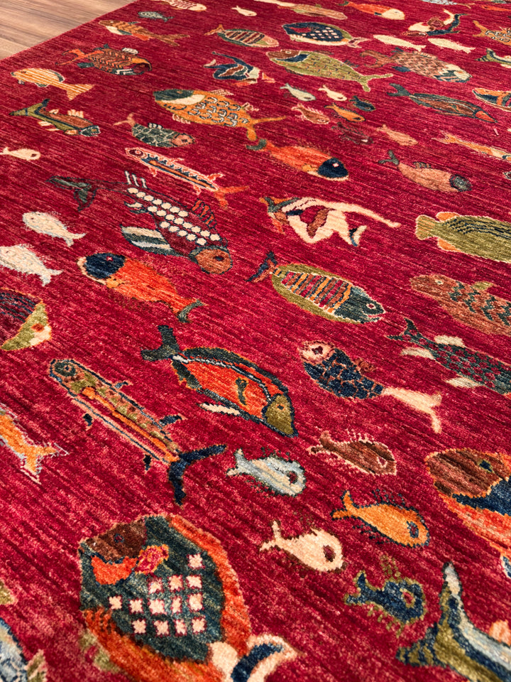 Fish Original Handwoven Red Root Dye Wool Rug 177x238 cm (4.21 square meters) - 6x8 ft 