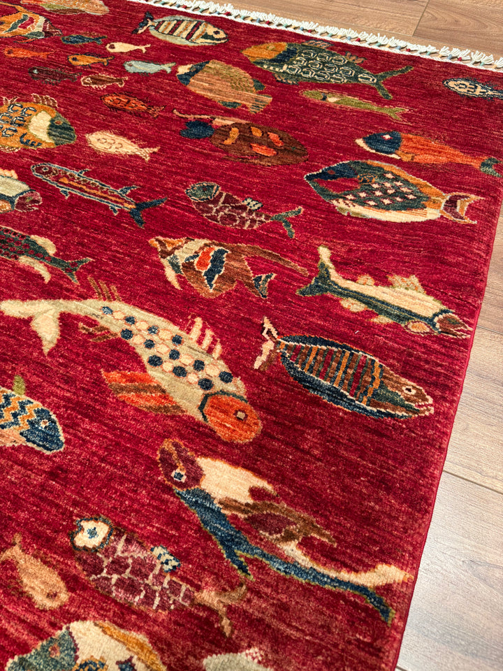 Fish Original Handwoven Red Root Dye Wool Rug 177x238 cm (4.21 square meters) - 6x8 ft 