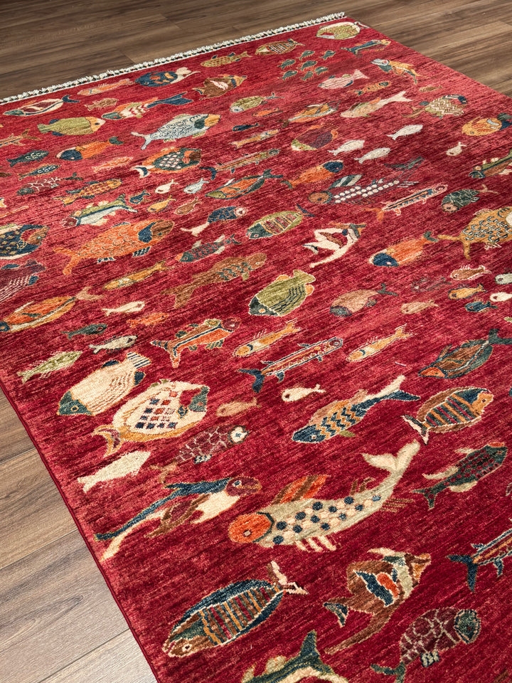 Fish Original Handwoven Red Root Dye Wool Rug 177x238 cm (4.21 square meters) - 6x8 ft 