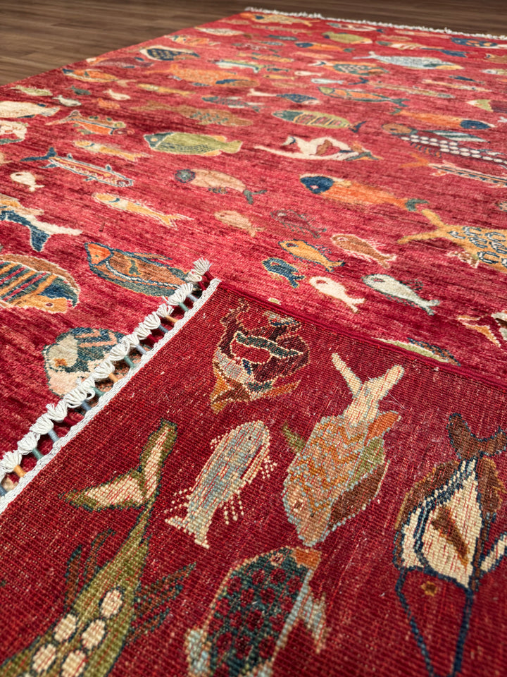 Fish Original Handwoven Red Root Dye Wool Rug 177x238 cm (4.21 square meters) - 6x8 ft 