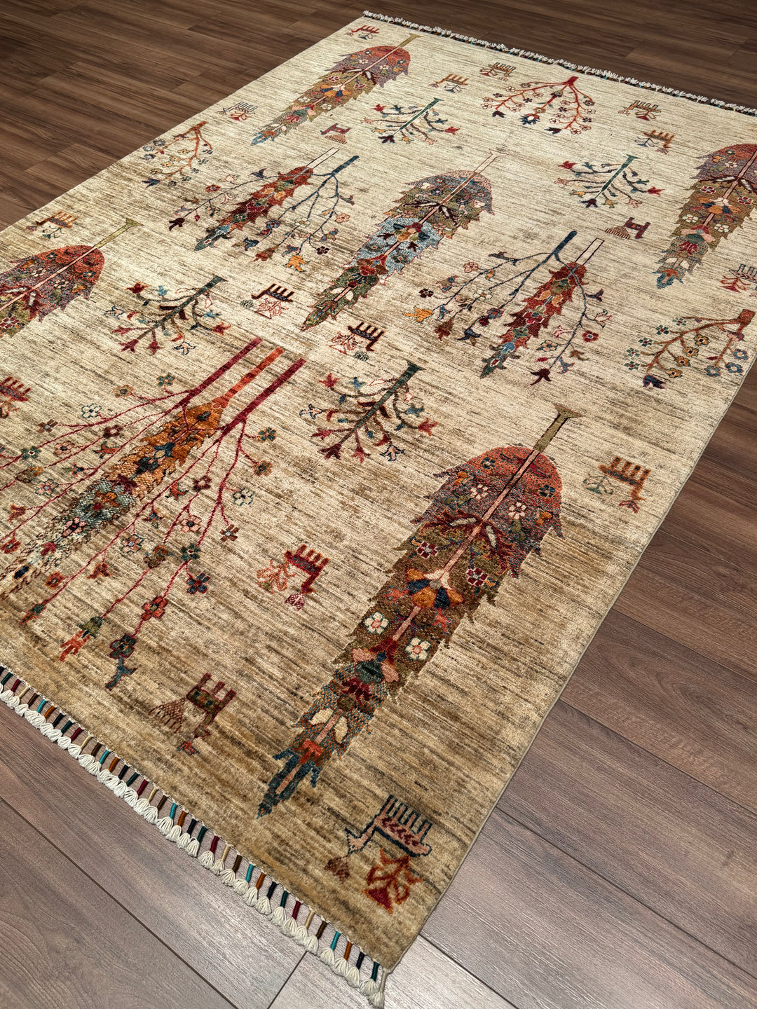 Sultani Tree of Life Original Handwoven Beige Root Dye Wool Rug 174x238 cm (4.14 square meters - 5x8 ft) 