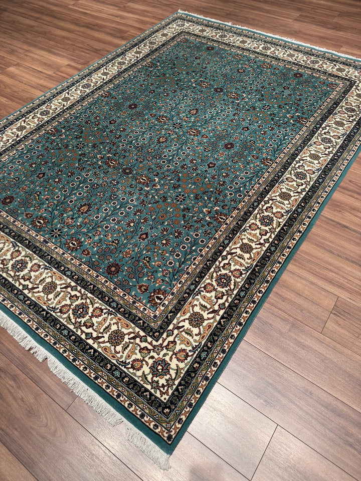 Hereke Yedi Dağın Çiçeği Orijinal El Dokuması Turkuaz Mavi Yün Halı 200x281 5.62 Metrekare - 7x10 ft