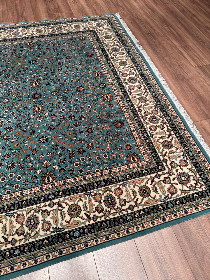 Hereke Yedi Dağın Çiçeği Orijinal El Dokuması Turkuaz Mavi Yün Halı 200x281 5.62 Metrekare - 7x10 ft