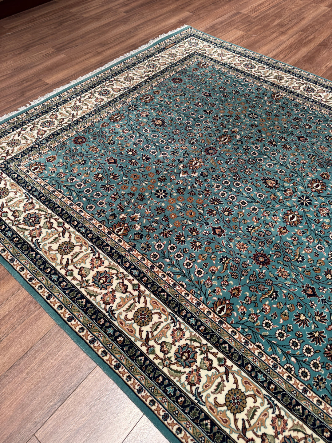 Hereke Yedi Dağın Çiçeği Orijinal El Dokuması Turkuaz Mavi Yün Halı 200x281 5.62 Metrekare - 7x10 ft