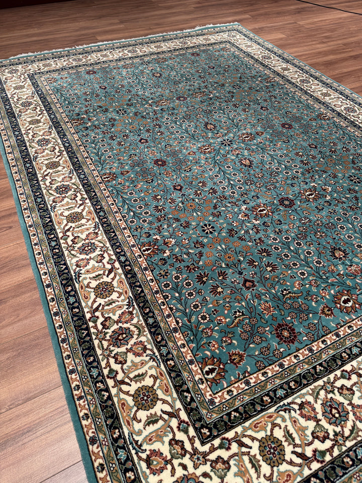 Hereke Yedi Dağın Çiçeği Orijinal El Dokuması Turkuaz Mavi Yün Halı 200x281 5.62 Metrekare - 7x10 ft