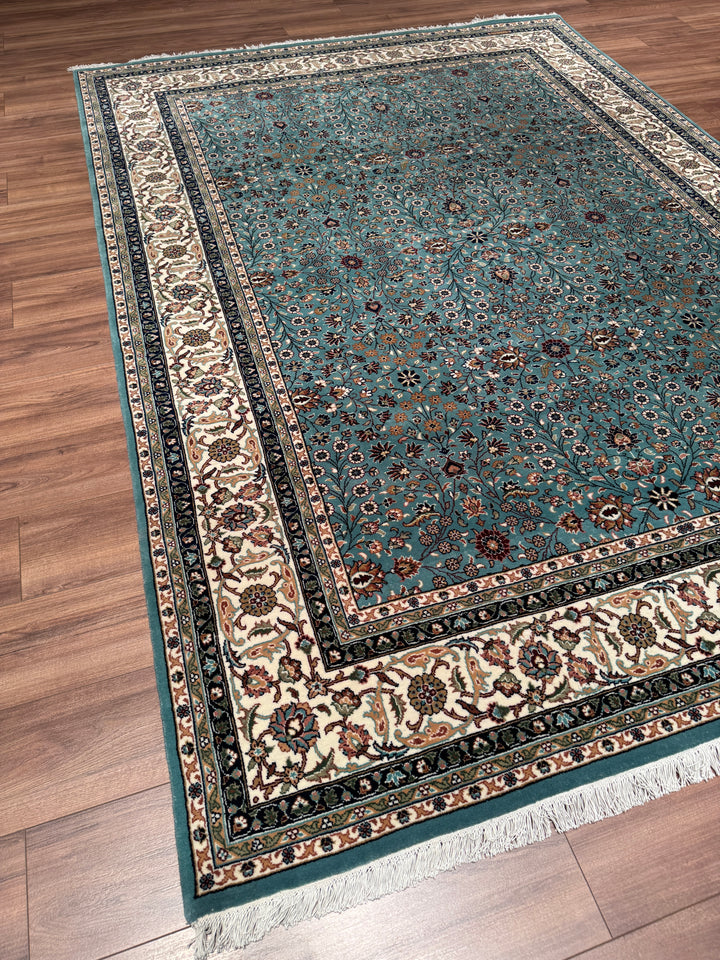Hereke Yedi Dağın Çiçeği Orijinal El Dokuması Turkuaz Mavi Yün Halı 200x281 5.62 Metrekare - 7x10 ft