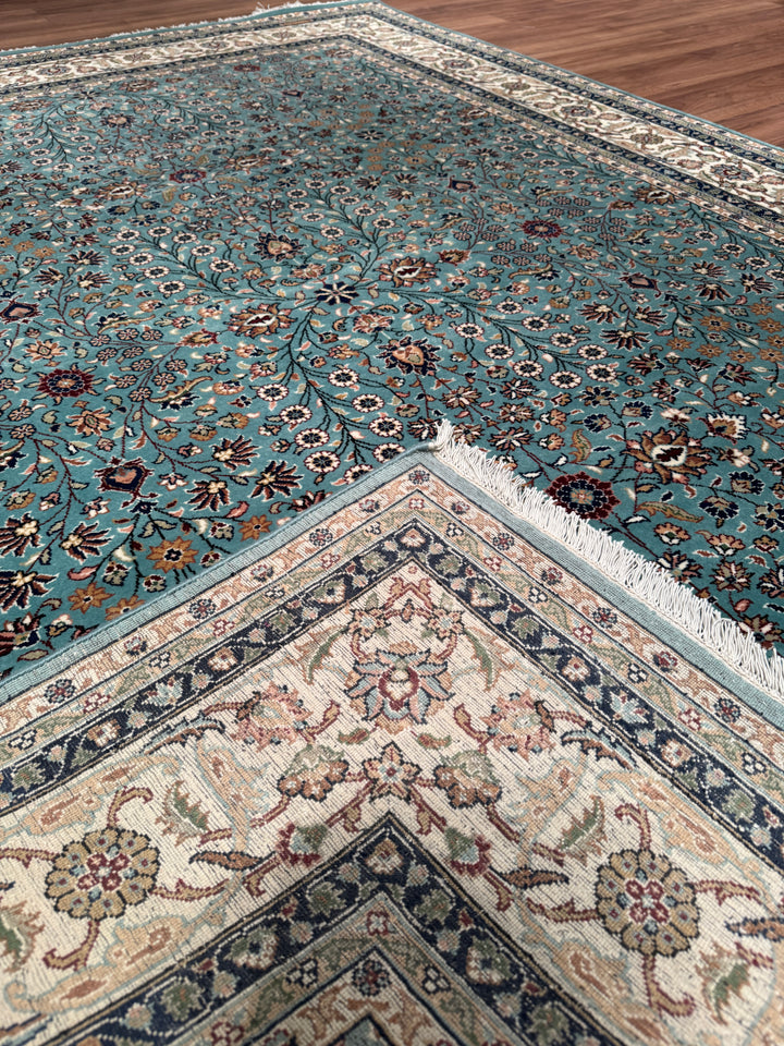 Hereke Yedi Dağın Çiçeği Orijinal El Dokuması Turkuaz Mavi Yün Halı 200x281 5.62 Metrekare - 7x10 ft