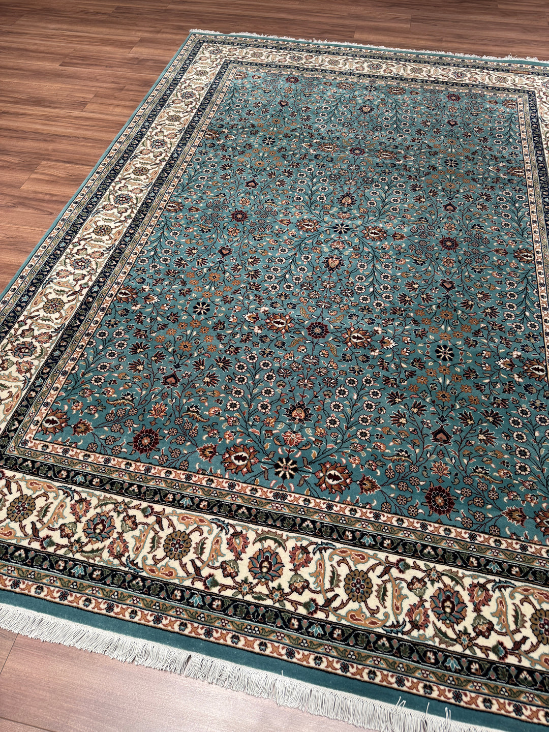 Hereke Yedi Dağın Çiçeği Orijinal El Dokuması Turkuaz Mavi Yün Halı 200x281 5.62 Metrekare - 7x10 ft