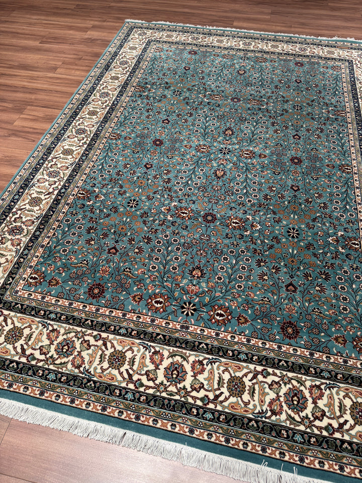 Hereke Yedi Dağın Çiçeği Orijinal El Dokuması Turkuaz Mavi Yün Halı 200x281 5.62 Metrekare - 7x10 ft