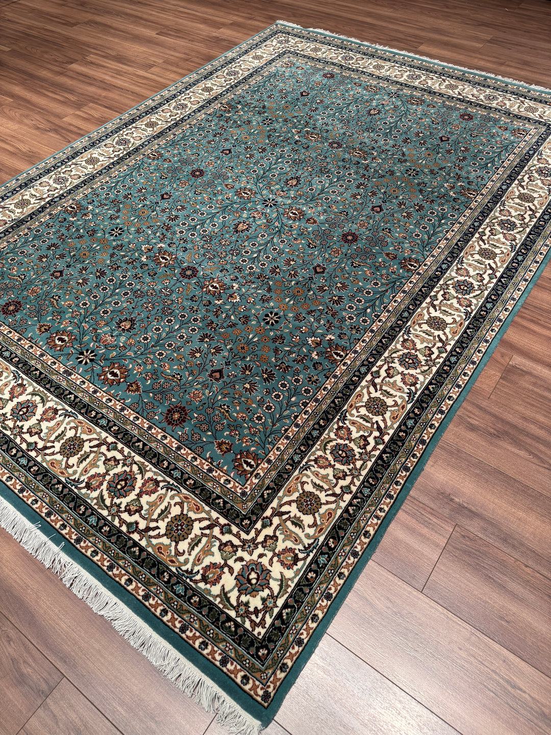 Hereke Yedi Dağın Çiçeği Orijinal El Dokuması Turkuaz Mavi Yün Halı 200x281 5.62 Metrekare - 7x10 ft
