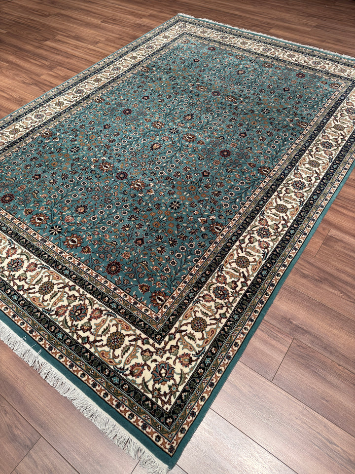 Hereke Yedi Dağın Çiçeği Orijinal El Dokuması Turkuaz Mavi Yün Halı 200x281 5.62 Metrekare - 7x10 ft