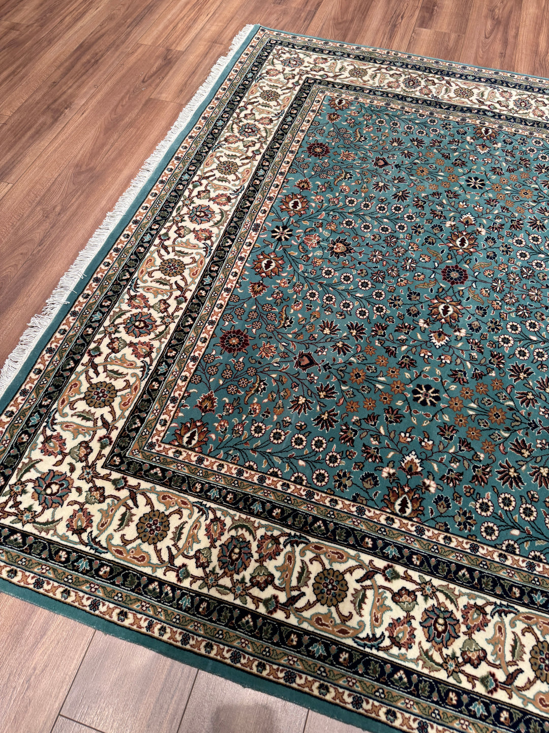 Hereke Yedi Dağın Çiçeği Orijinal El Dokuması Turkuaz Mavi Yün Halı 200x281 5.62 Metrekare - 7x10 ft