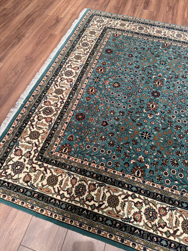 Hereke Yedi Dağın Çiçeği Orijinal El Dokuması Turkuaz Mavi Yün Halı 200x281 5.62 Metrekare - 7x10 ft