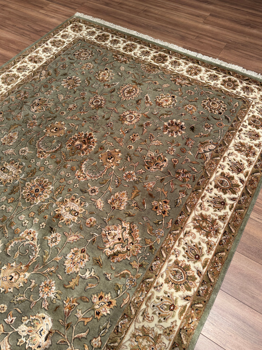 Hint Uşağı Orijinal El Dokuması Yeşil Yün Bambu Halı 200x298 5.96 Metrekare - 8x10 ft