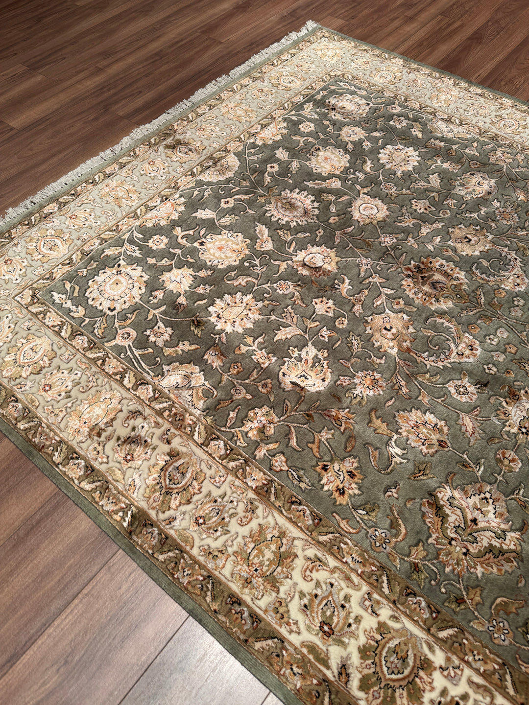 Hint Uşağı Orijinal El Dokuması Yeşil Yün Bambu Halı 200x298 5.96 Metrekare - 8x10 ft