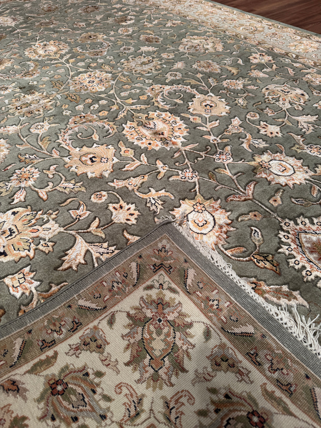 Hint Uşağı Orijinal El Dokuması Yeşil Yün Bambu Halı 200x298 5.96 Metrekare - 8x10 ft