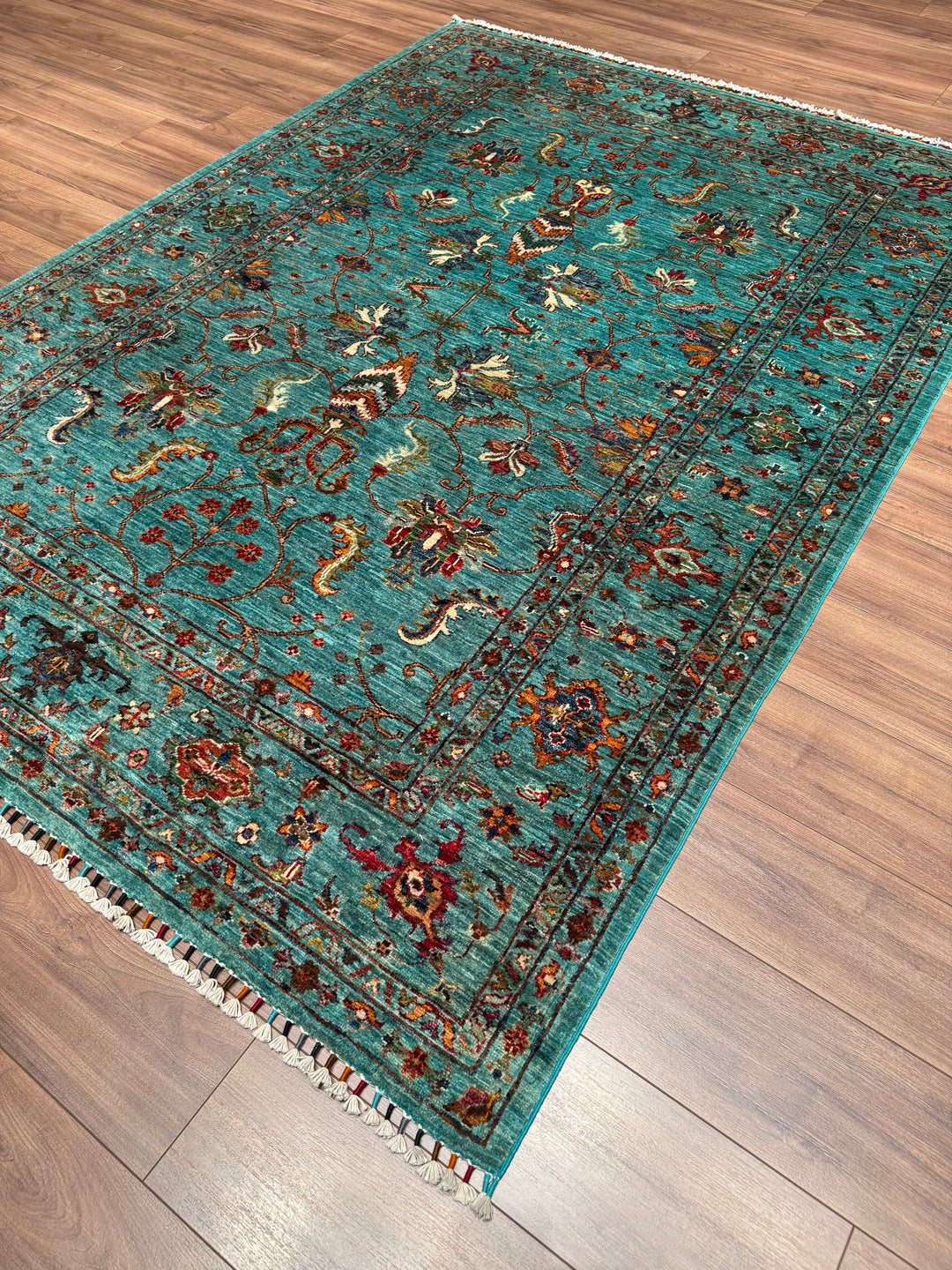 Sultani One Thousand and One Nights Original Handwoven Turquoise Root Dye Wool Rug 177x245 cm (4.34 square meters) - 5x8 ft 