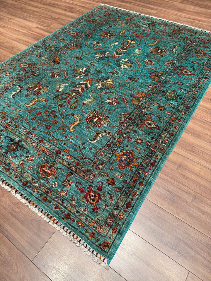 Sultani One Thousand and One Nights Original Handwoven Turquoise Root Dye Wool Rug 177x245 cm (4.34 square meters) - 5x8 ft 