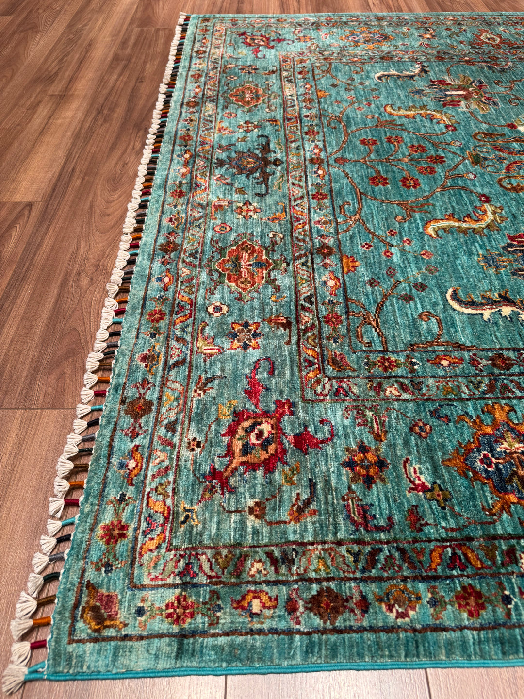 Sultani One Thousand and One Nights Original Handwoven Turquoise Root Dye Wool Rug 177x245 cm (4.34 square meters) - 5x8 ft 