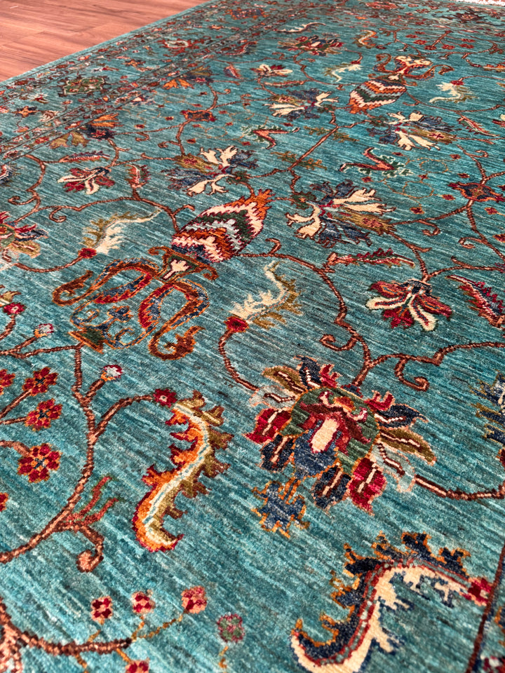 Sultani One Thousand and One Nights Original Handwoven Turquoise Root Dye Wool Rug 177x245 cm (4.34 square meters) - 5x8 ft 