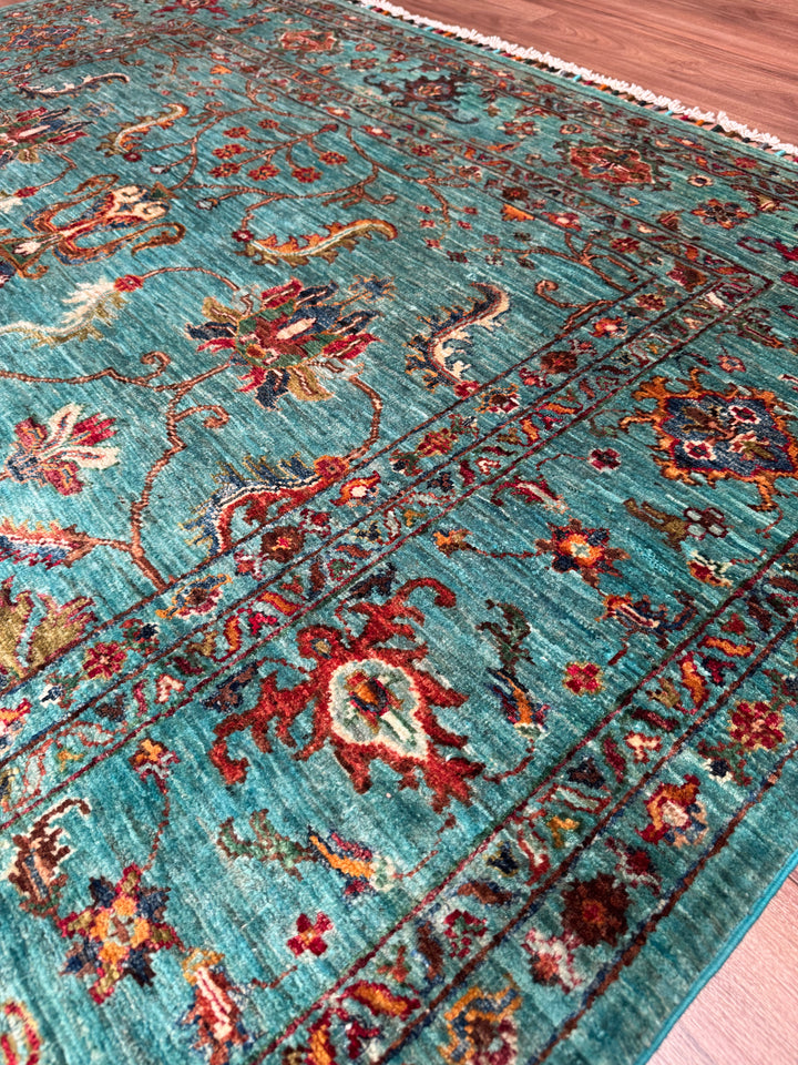 Sultani One Thousand and One Nights Original Handwoven Turquoise Root Dye Wool Rug 177x245 cm (4.34 square meters) - 5x8 ft 