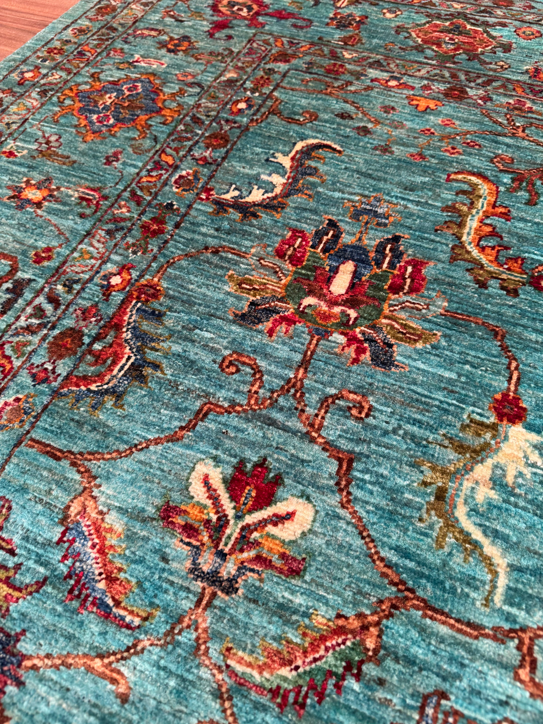 Sultani One Thousand and One Nights Original Handwoven Turquoise Root Dye Wool Rug 177x245 cm (4.34 square meters) - 5x8 ft 