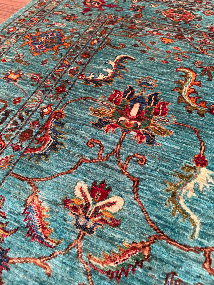 Sultani One Thousand and One Nights Original Handwoven Turquoise Root Dye Wool Rug 177x245 cm (4.34 square meters) - 5x8 ft 