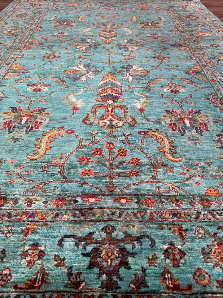 Sultani One Thousand and One Nights Original Handwoven Turquoise Root Dye Wool Rug 177x245 cm (4.34 square meters) - 5x8 ft 