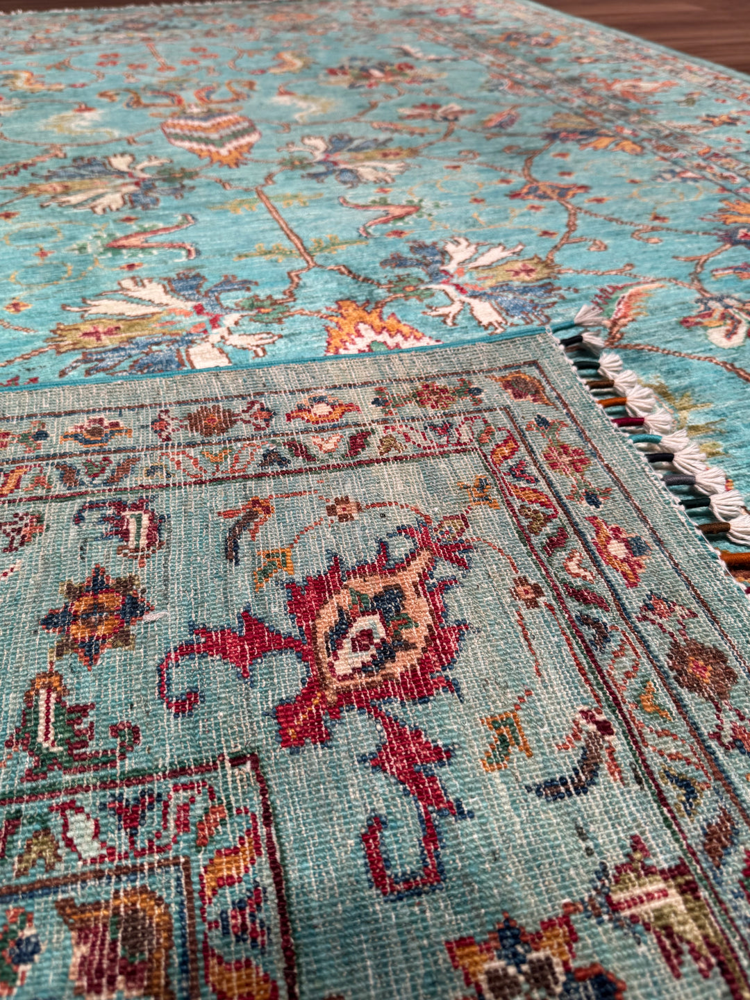 Sultani One Thousand and One Nights Original Handwoven Turquoise Root Dye Wool Rug 177x245 cm (4.34 square meters) - 5x8 ft 