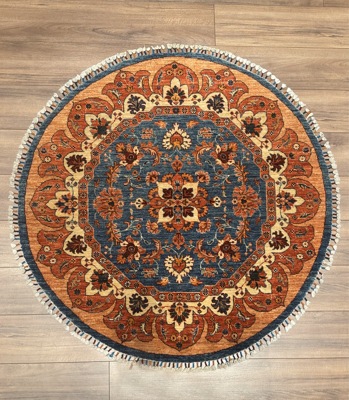 Khorjin Yuvarlak Orjinal El Dokuması Bej Mavi Kök Boya Yün Halı 131x134 1.76 Metrekare - 4x4 ft