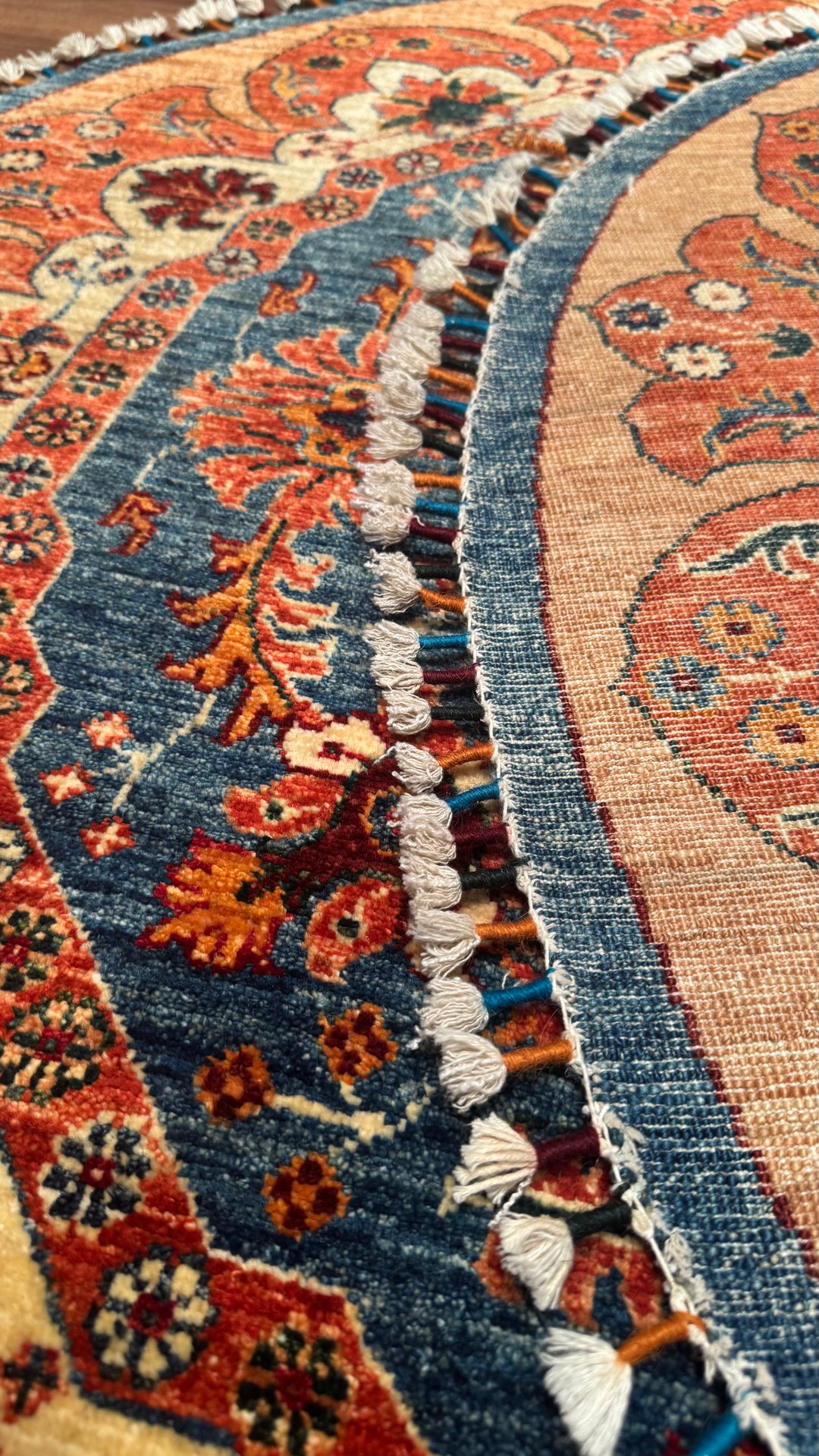 Khorjin Round Original Hand Woven Beige Blue Vegetable Dyed Wool Carpet 131x134 1.76 Square Meters - 4x4 ft