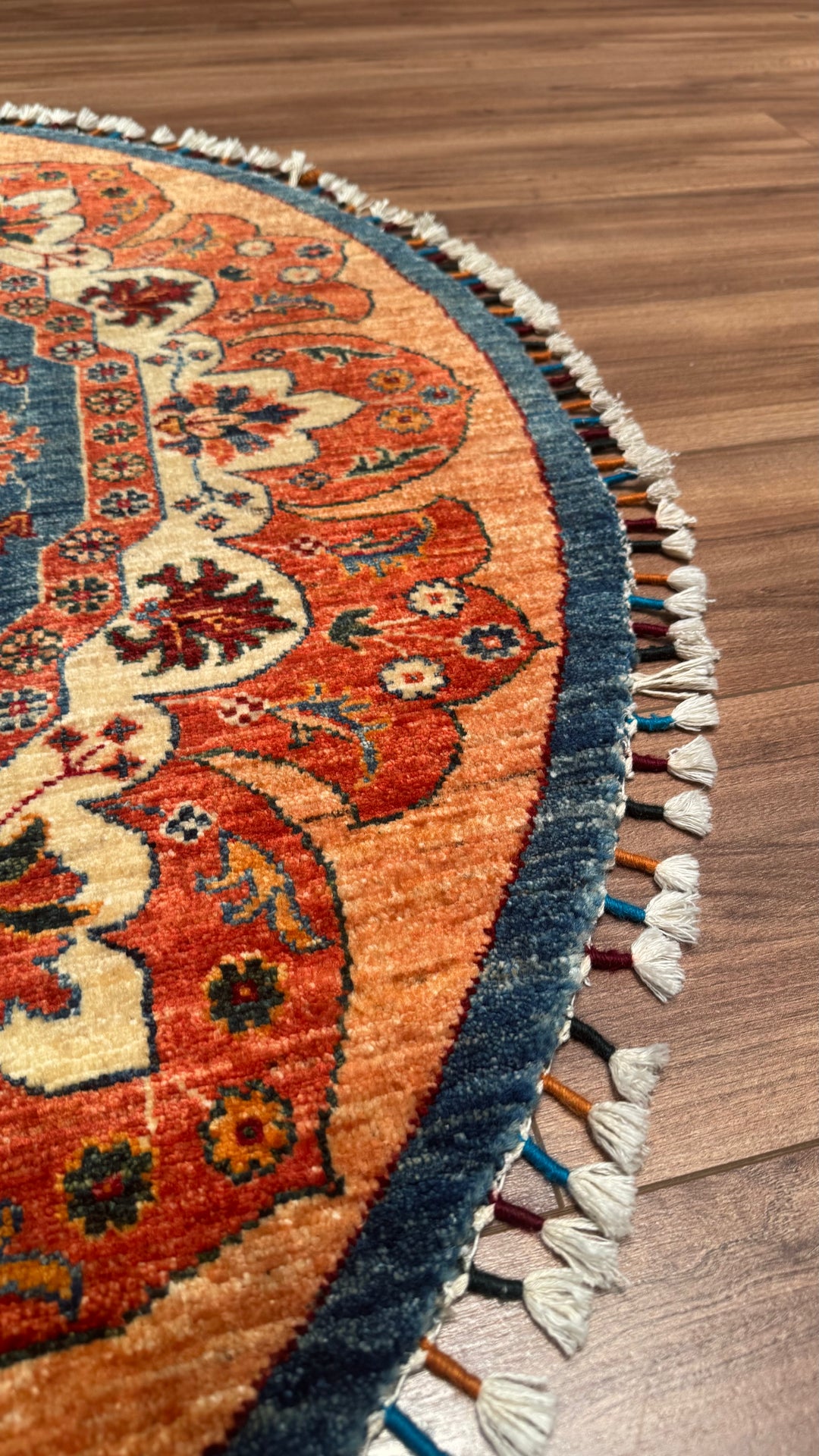 Khorjin Round Original Hand Woven Beige Blue Vegetable Dyed Wool Carpet 131x134 1.76 Square Meters - 4x4 ft