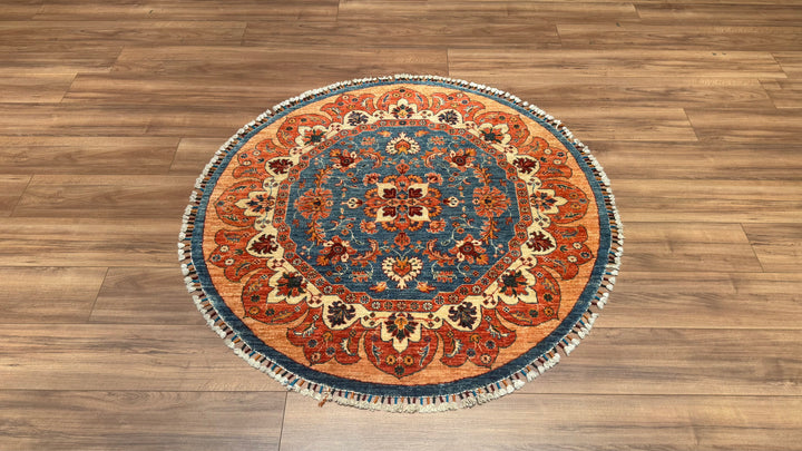 Khorjin Round Original Hand Woven Beige Blue Vegetable Dyed Wool Carpet 131x134 1.76 Square Meters - 4x4 ft