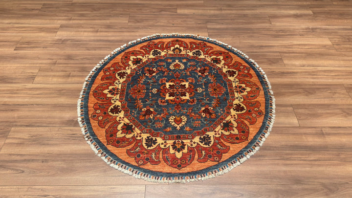 Khorjin Round Original Hand Woven Beige Blue Vegetable Dyed Wool Carpet 131x134 1.76 Square Meters - 4x4 ft