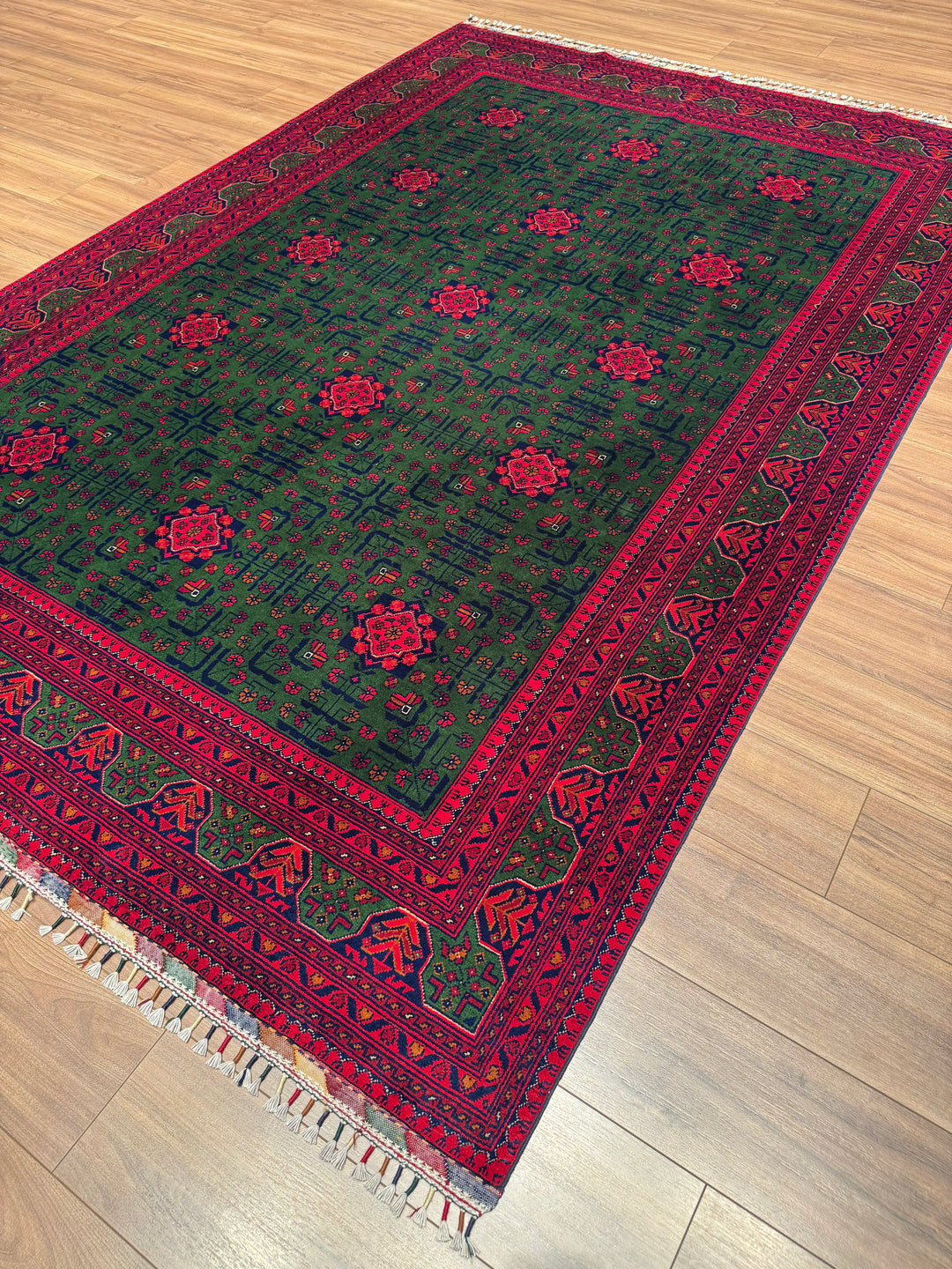 Afghan Rug, Green Hamyap, Original Handwoven, Root Dye Wool, 196x287 cm, 5.63 square meters - 7x10 ft 