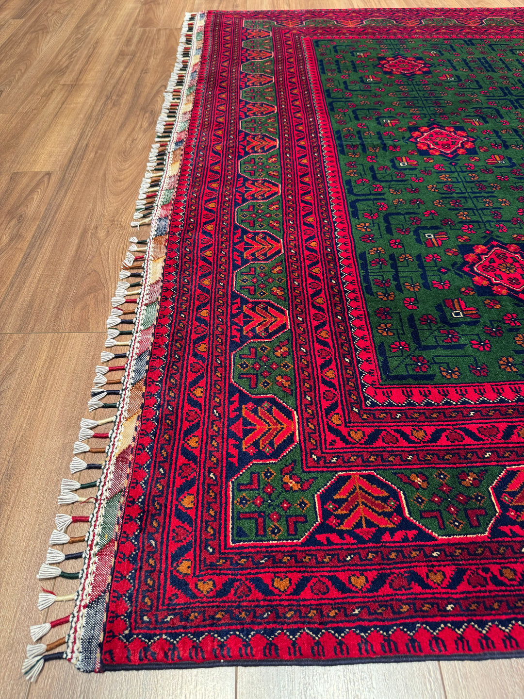 Afghan Rug, Green Hamyap, Original Handwoven, Root Dye Wool, 196x287 cm, 5.63 square meters - 7x10 ft 