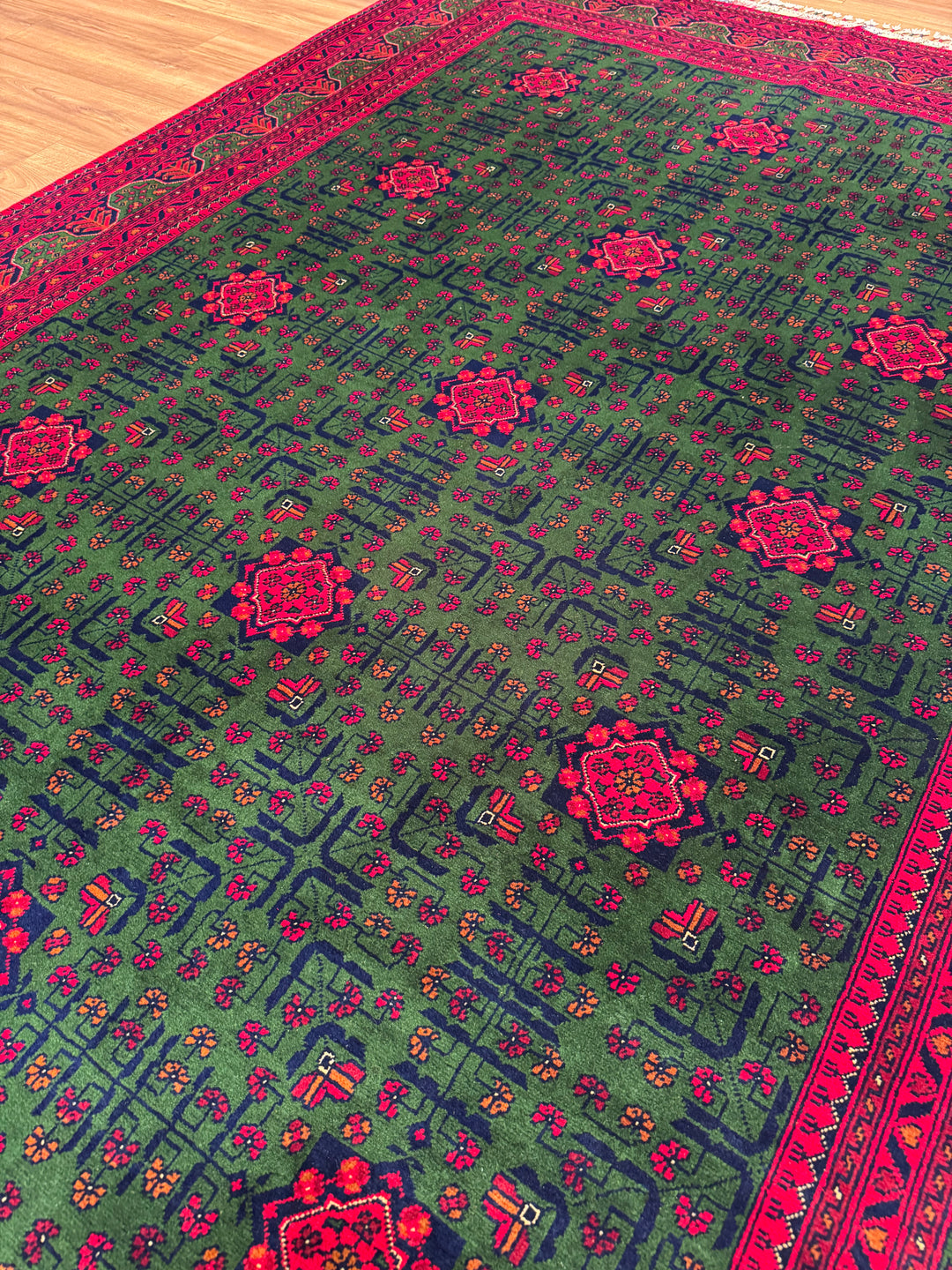 Afghan Rug, Green Hamyap, Original Handwoven, Root Dye Wool, 196x287 cm, 5.63 square meters - 7x10 ft 