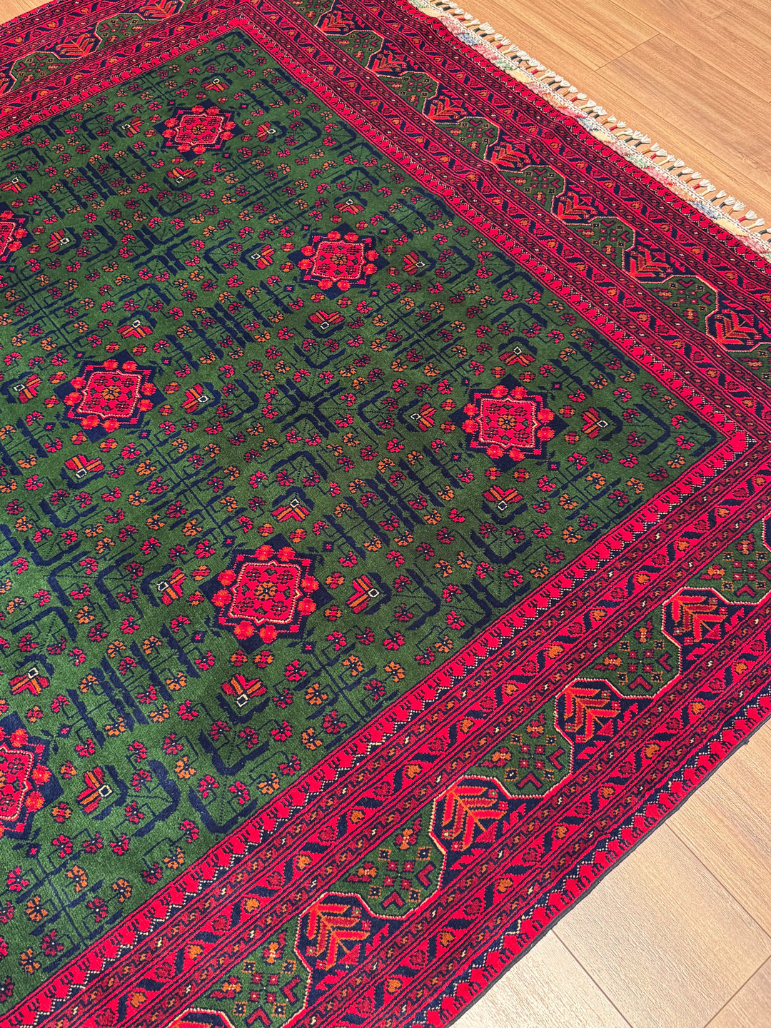 Afghan Rug, Green Hamyap, Original Handwoven, Root Dye Wool, 196x287 cm, 5.63 square meters - 7x10 ft 