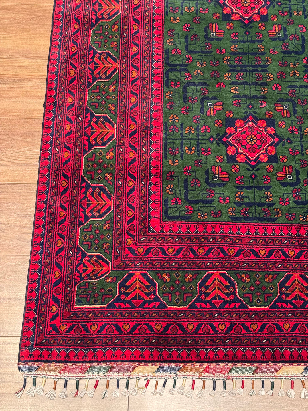 Afghan Rug, Green Hamyap, Original Handwoven, Root Dye Wool, 196x287 cm, 5.63 square meters - 7x10 ft 