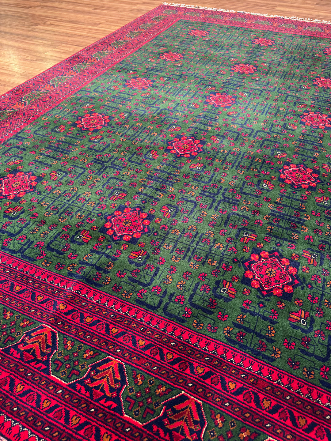 Afghan Rug, Green Hamyap, Original Handwoven, Root Dye Wool, 196x287 cm, 5.63 square meters - 7x10 ft 
