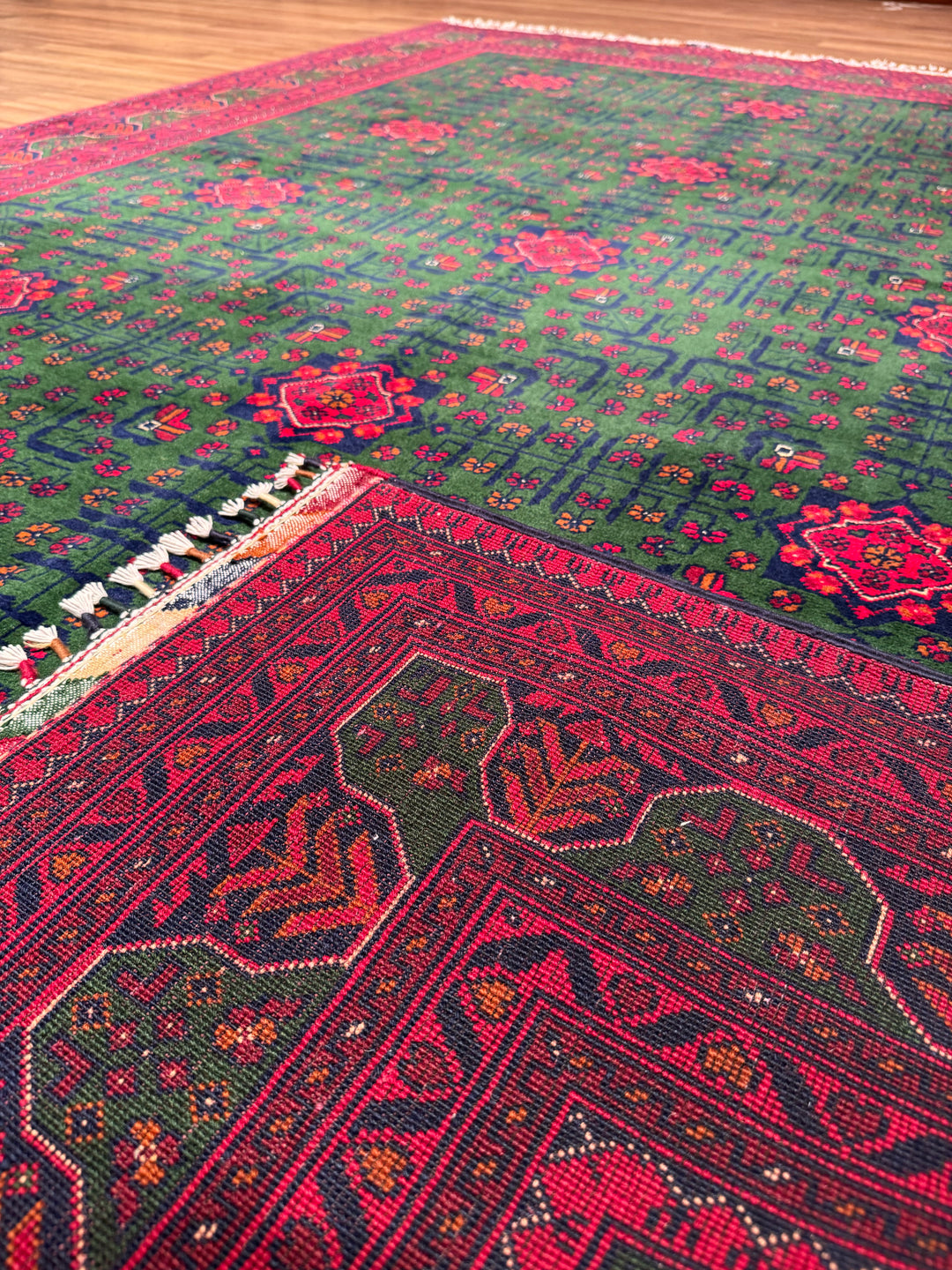 Afghan Rug, Green Hamyap, Original Handwoven, Root Dye Wool, 196x287 cm, 5.63 square meters - 7x10 ft 