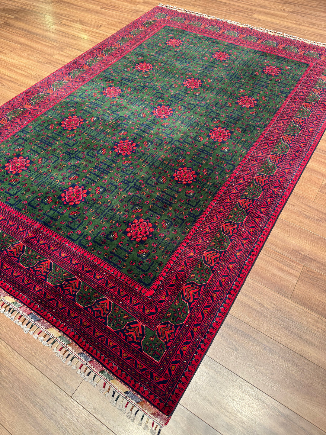 Afghan Rug, Green Hamyap, Original Handwoven, Root Dye Wool, 196x287 cm, 5.63 square meters - 7x10 ft 