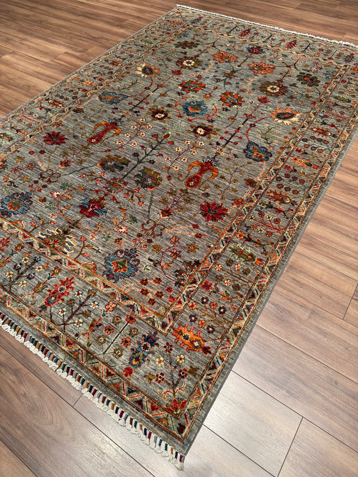 Sultani Floral Original Handwoven Grey Root Dye Wool Rug 184x275 cm (5.06 square meters - 6x8 ft) 
